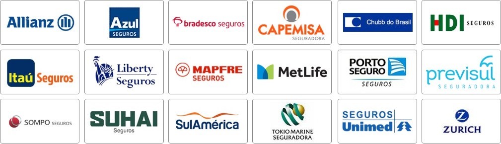 ALLIANZ, ARGO, AUSTRAL,AXA,AZUL, BERKLEY, BRADESCO, CAPEMISA, CHUBB, ITAÚ, LIBERTY,METLIFE, MITSUI,MONGERAL, PORTO SEGURO, PREVISUL, SOMPO, SUL AMÉRICA, TÓKIO MARINE, UNIMED SEGUROS, ZURICH